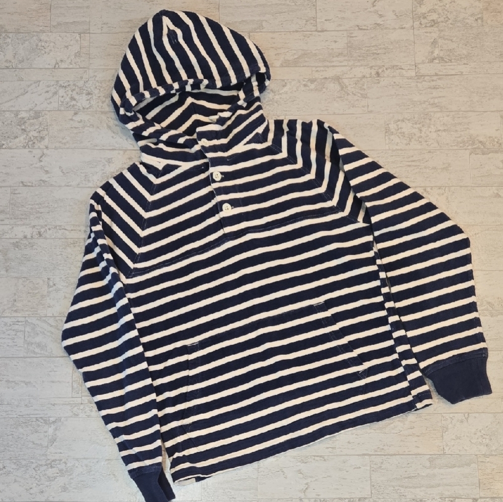 J. Crew Striped Navy & White Hooded Pullover Shirt Size Medium Hoodie Sweatshirt